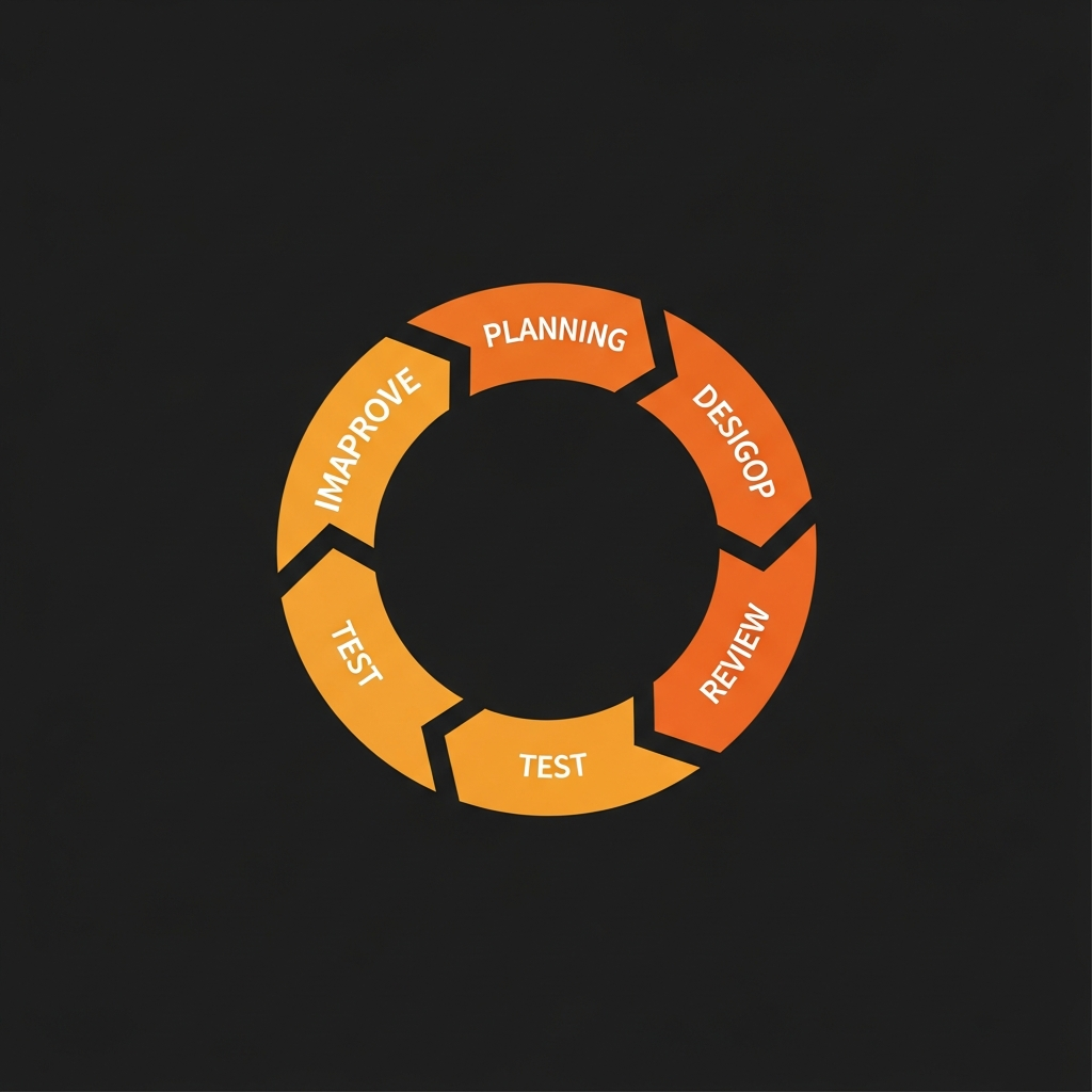 アジャイル開発の反復的なサイクルを示す図。計画、設計、開発、テスト、レビュー、改善というフェーズが円