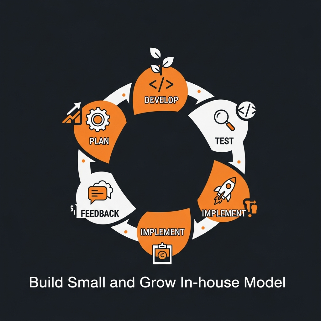 バックオフィスDXにおける「小さく作って育てる内製モデル」のサイクルを図解。計画、開発、テスト、導入