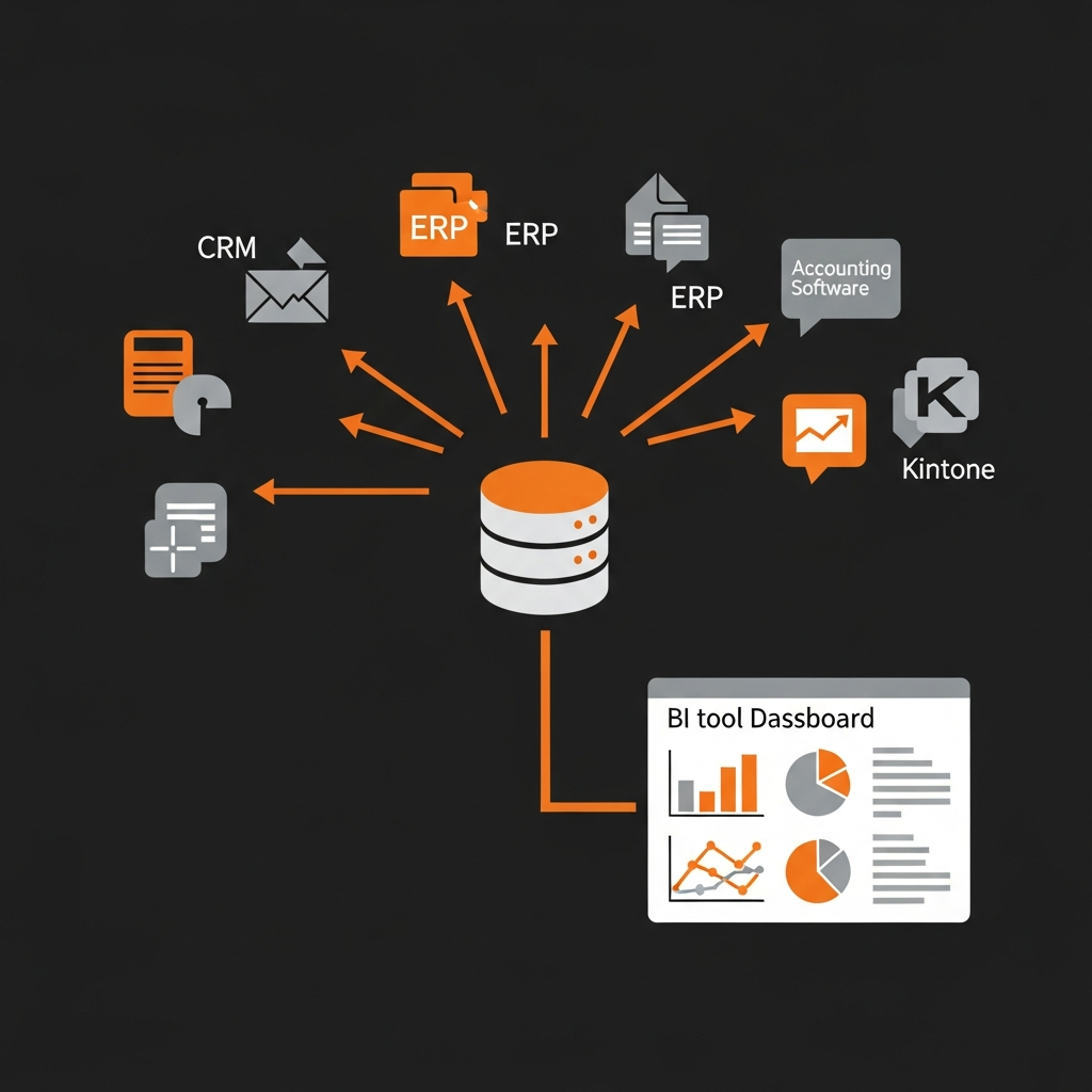 複数の異なるシステム（例：CRM、ERP、会計システム、kintone）からデータが中央のデータベー
