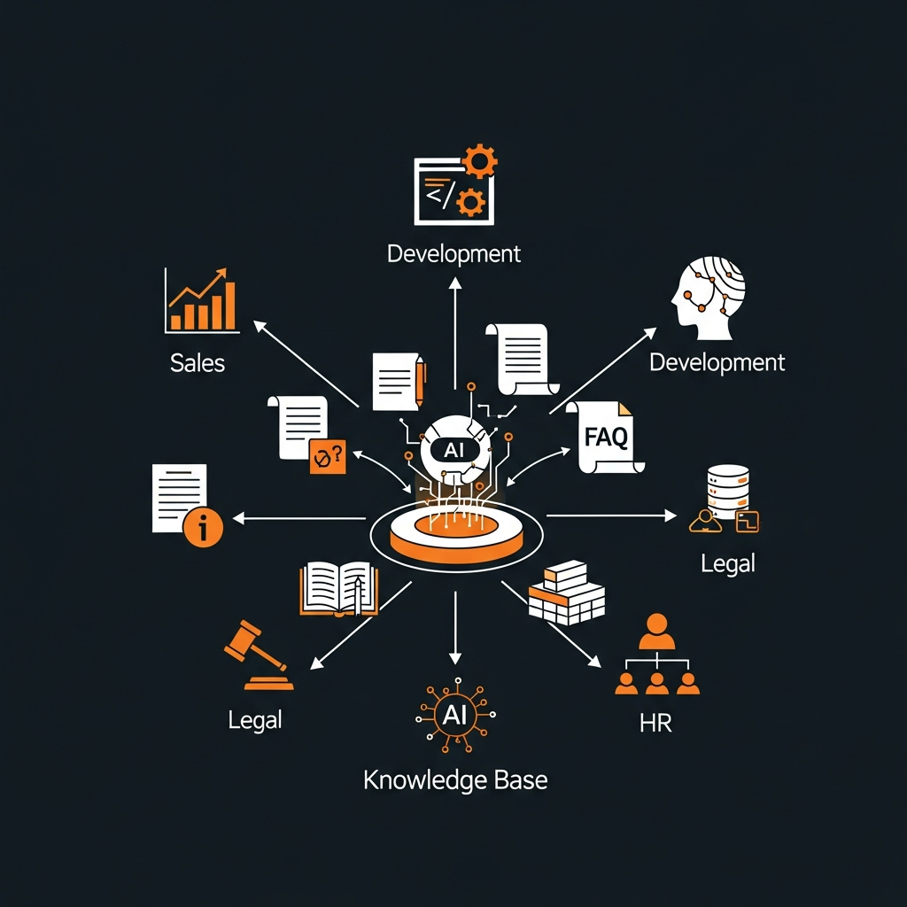 企業の各部門（営業、開発、法務、人事など）が持つ多様な情報源（マニュアル、契約書、FAQ、データなど