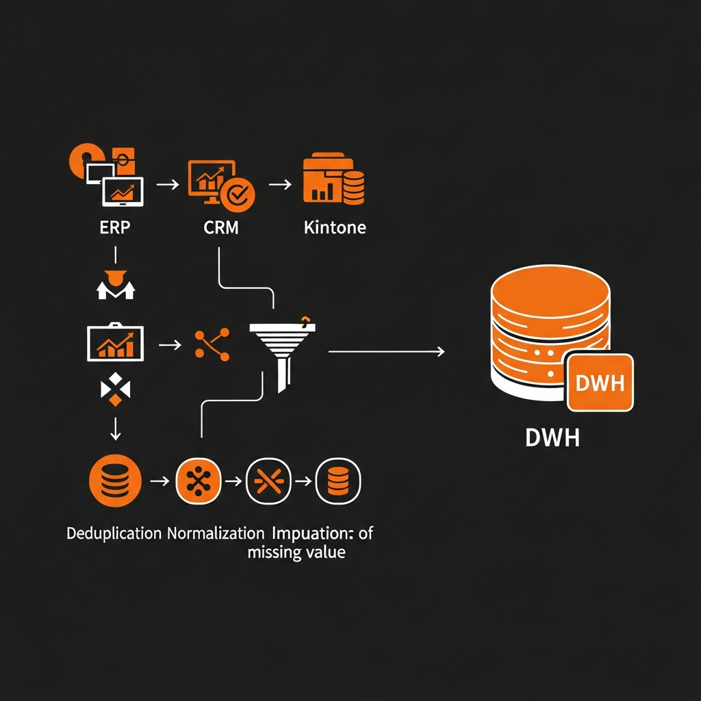 既存システム（ERP, CRM, kintoneなど）からデータを抽出し、データクレンジング（重複排