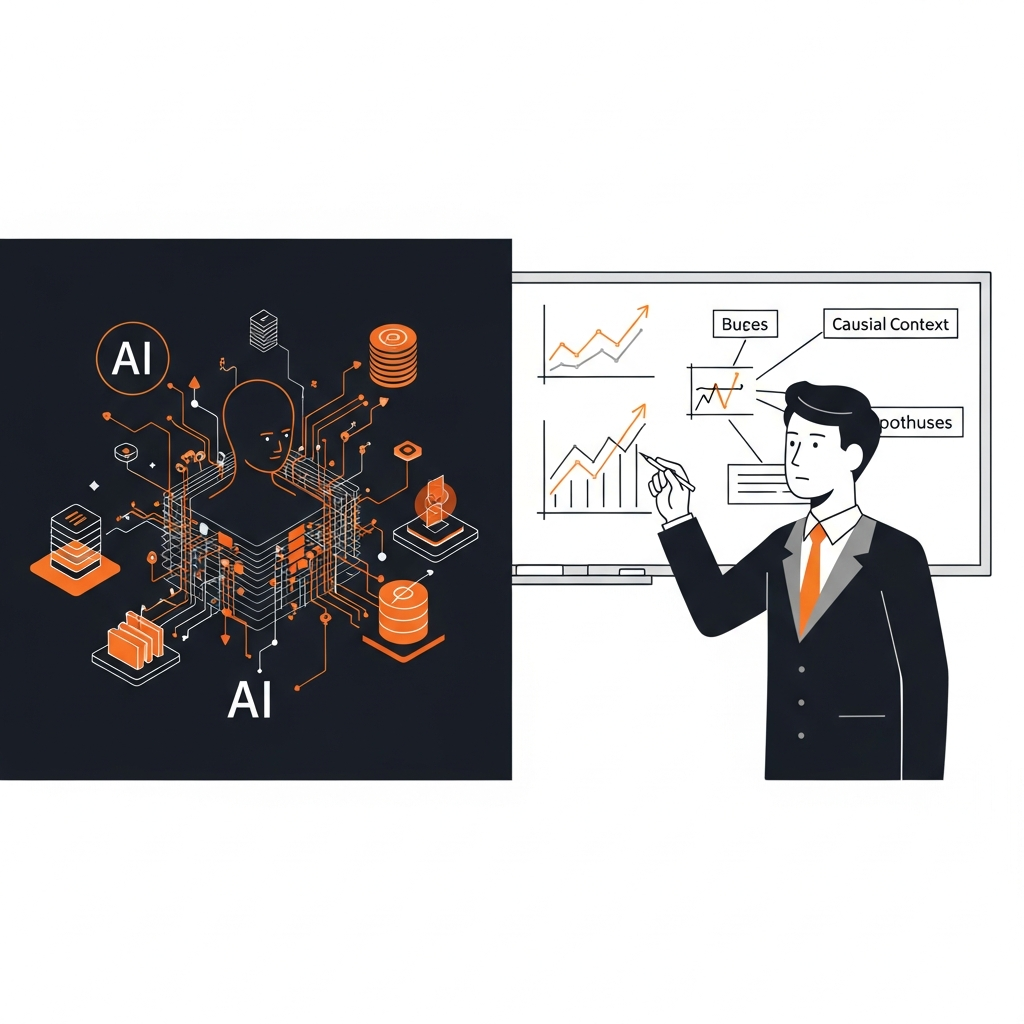 複雑なデータセットを分析するAIの視覚化。その隣に、分析結果を人間が真剣な表情で吟味し、ホワイトボー