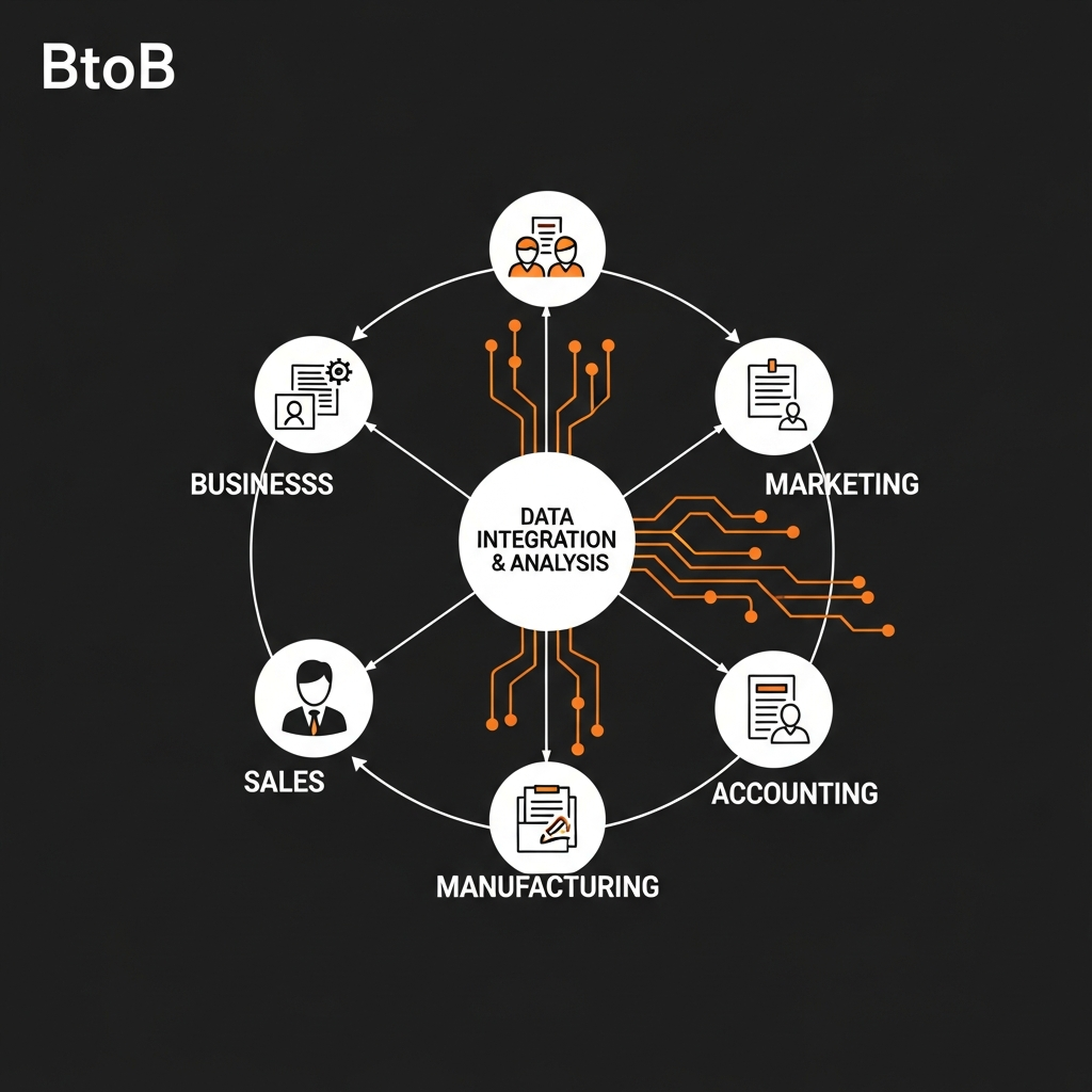 企業の業務プロセス改善コンサルティングのイメージ。中央に「データ統合・分析」のハブがあり、周囲に「営