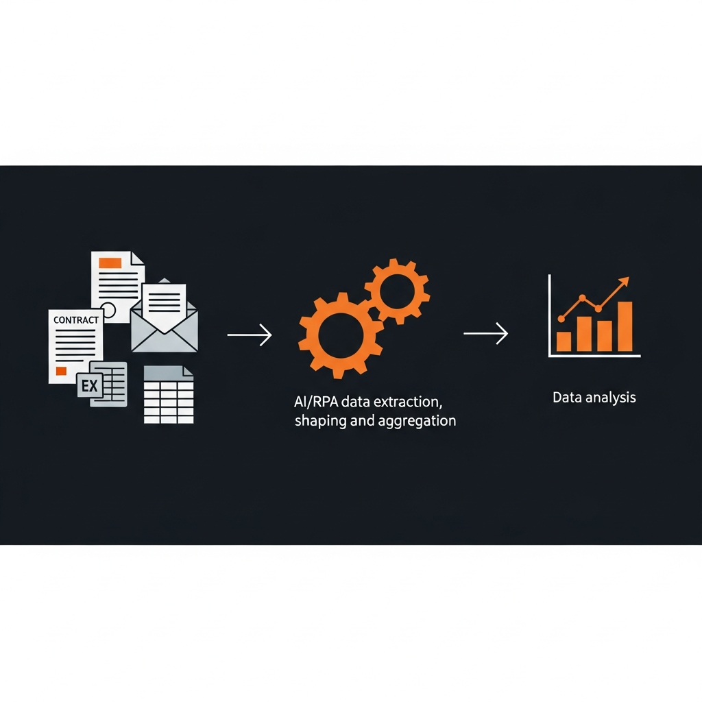 企業のデータ入力・集計・分析の業務フロー図。左から「データソース（契約書、メール、Excelなど）」