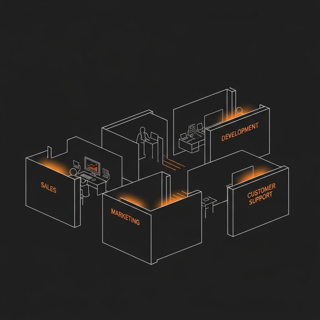 複数の部門（営業、マーケティング、開発、カスタマーサポートなど）がそれぞれ独立したデータやAIツール