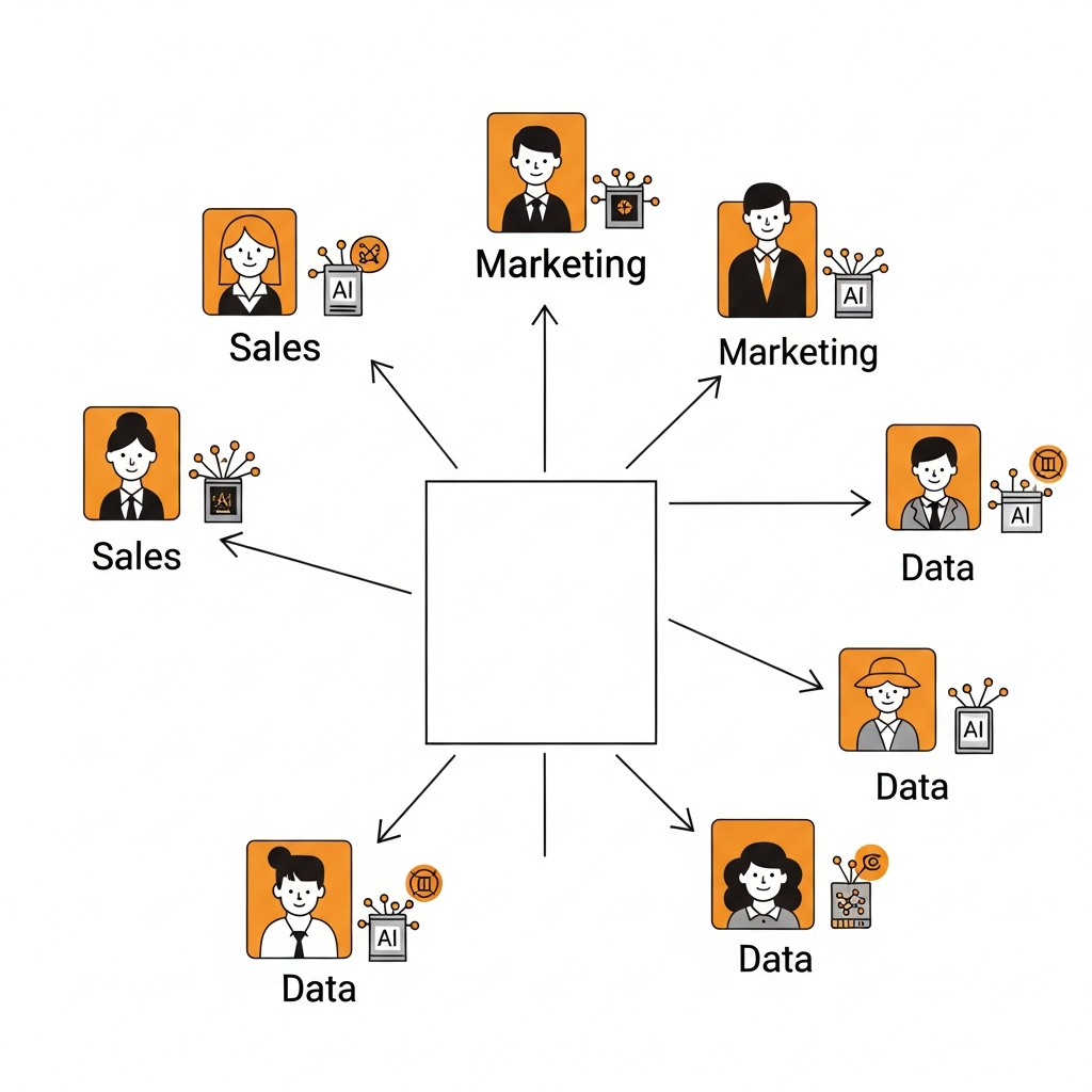 複数の部署が個別にAIツールを導入し、データがバラバラに散らばっている状況を図示。中央に統合されたA