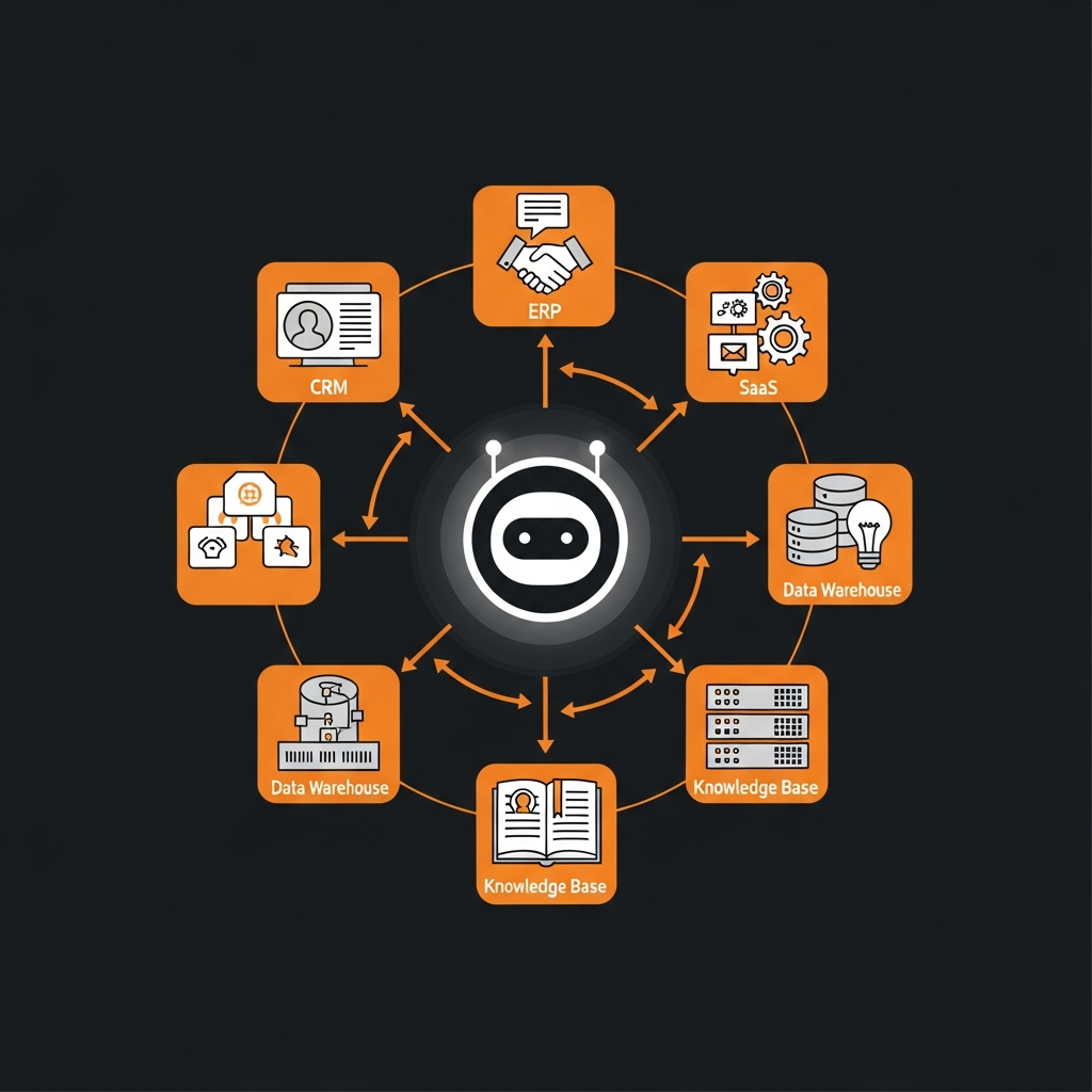 汎用型AIエージェントが中心に位置し、CRM、ERP、SaaSツール、データウェアハウス、ナレッジベ