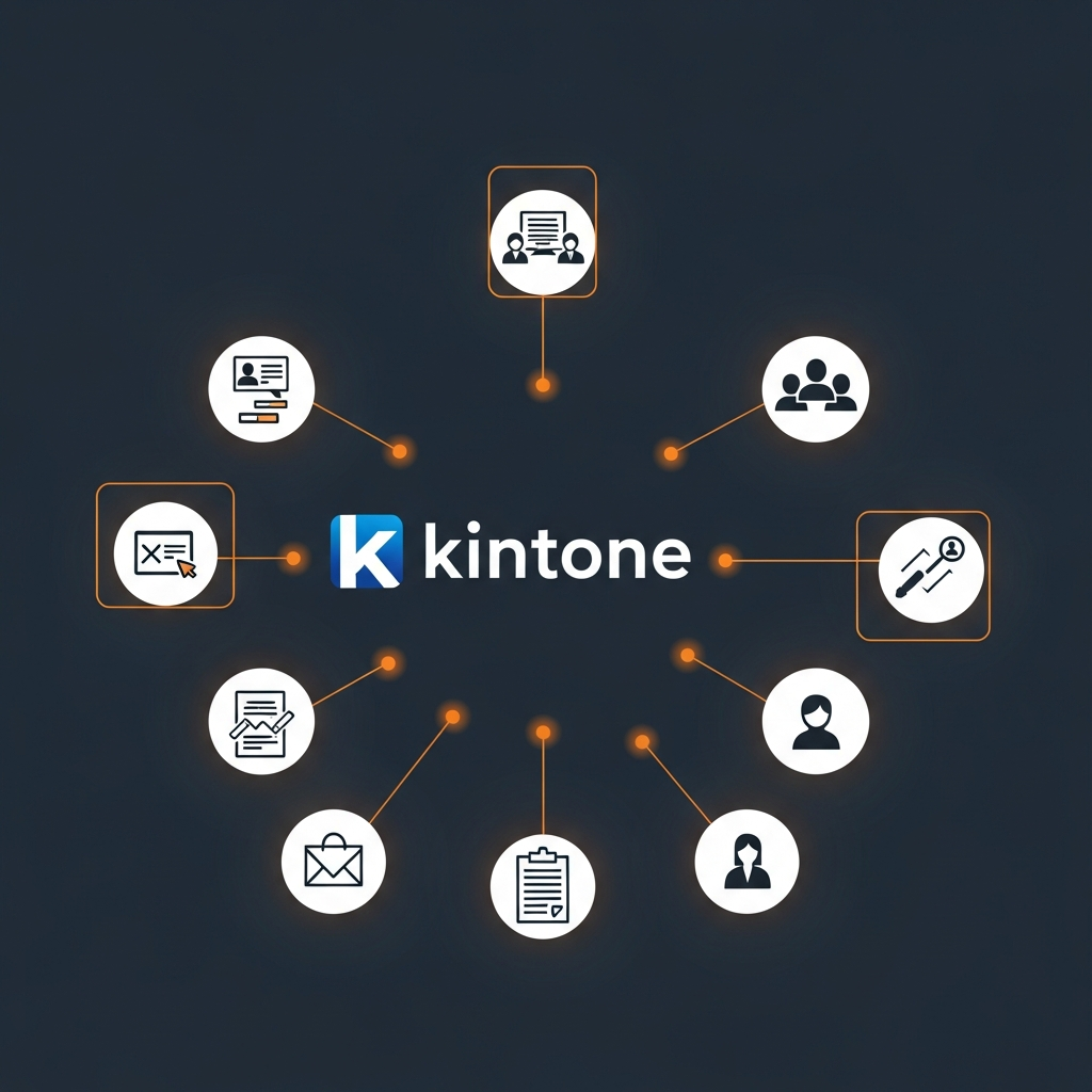 kintoneを中心とした各業務システム（営業管理、顧客管理、経理、人事など）が連携し、データが一元