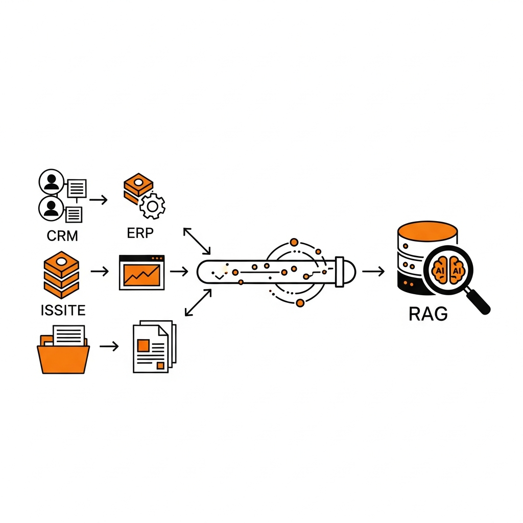 リアルタイムデータ同期パイプラインの概念図。複数のデータソース（CRM、ERP、Webサイト、ドキュ