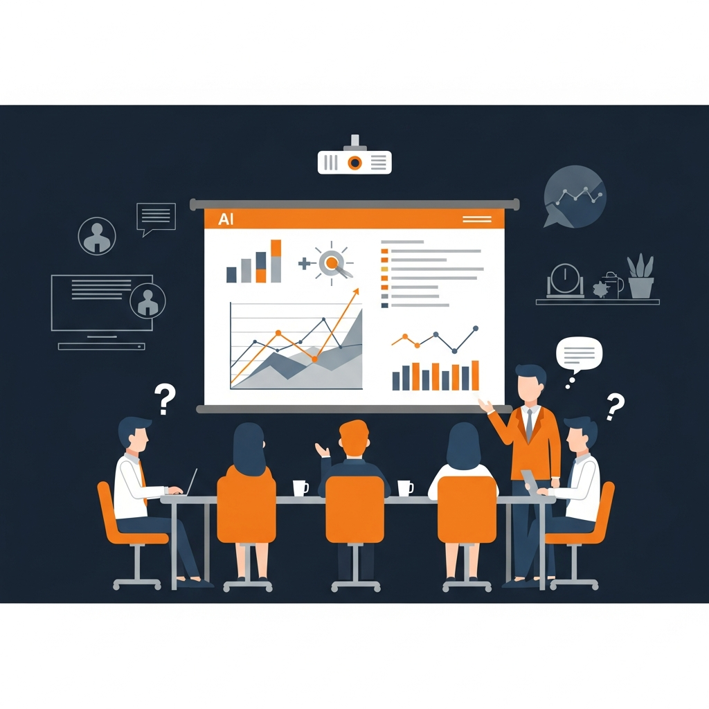 AIが生成した誤情報が、会社の会議室で混乱を引き起こしている様子。プロジェクターにはAIが生成したグ