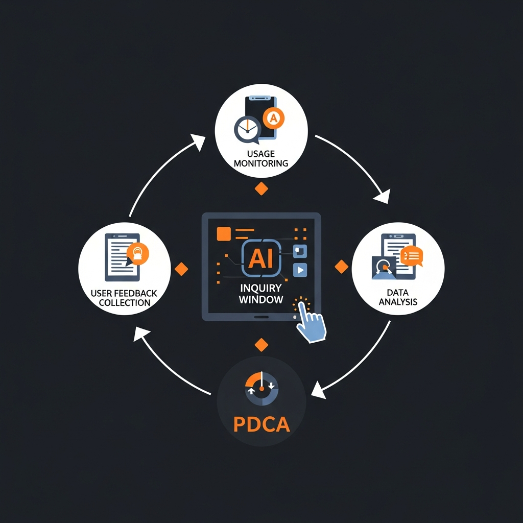 AI活用におけるPDCAサイクルとフィードバックループを図解。中央に「AI照会窓口」があり、周囲に「