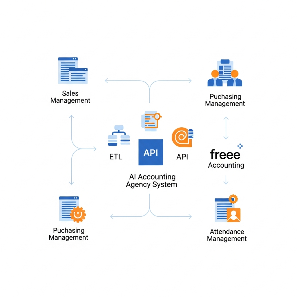 企業の複数の既存システム（販売管理、購買管理、勤怠管理など）がfreee会計とAI記帳代行システムに