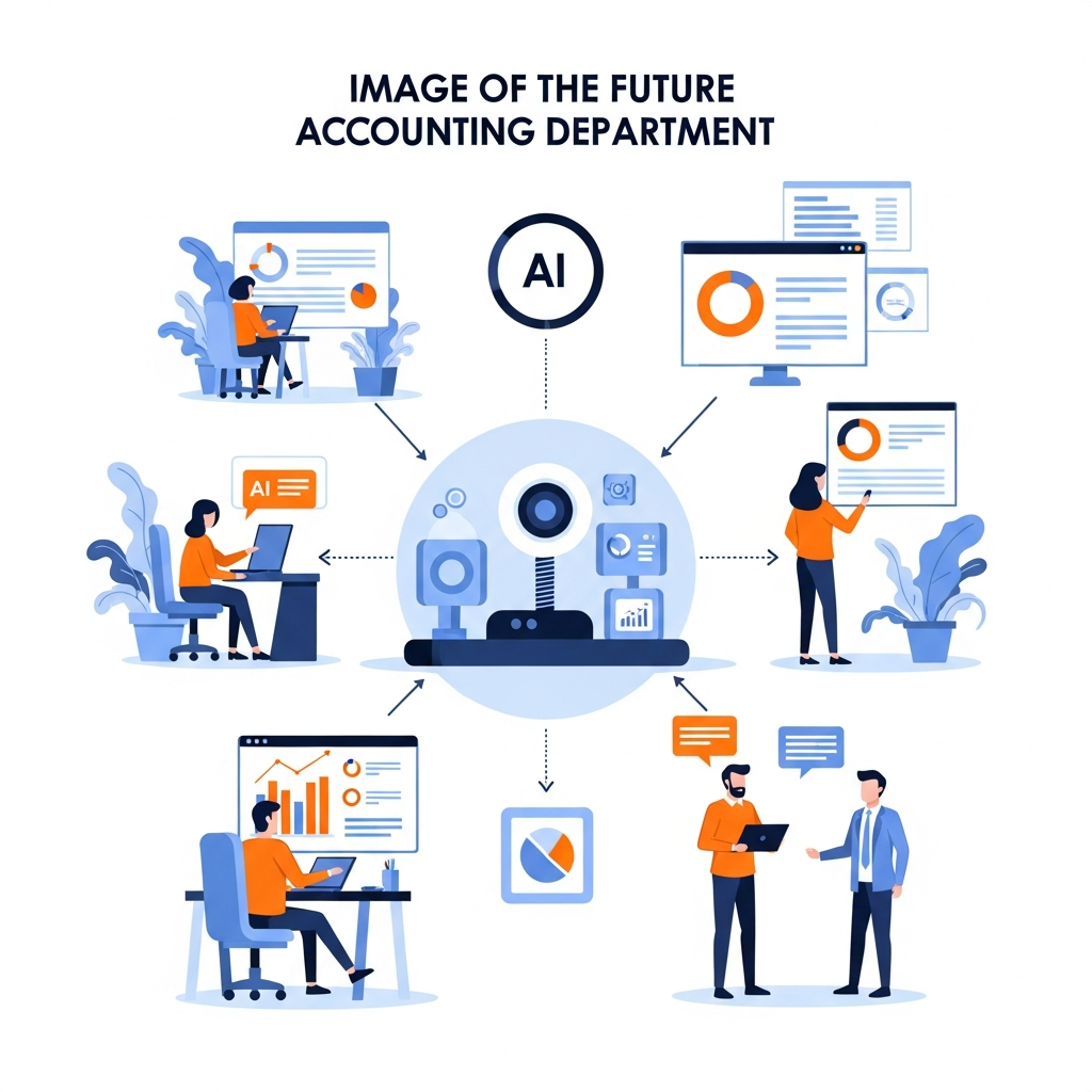 未来の経理部門のイメージ。AIがデータ処理を行い、経理担当者がダッシュボードで分析結果を確認し、経営
