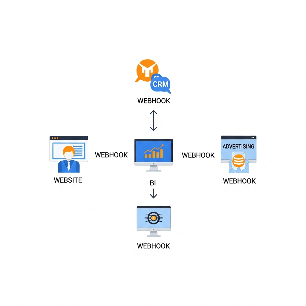 Webhookによる複数データソースからBIツールへのリアルタイムデータ連携フロー図。ウェブサイト、