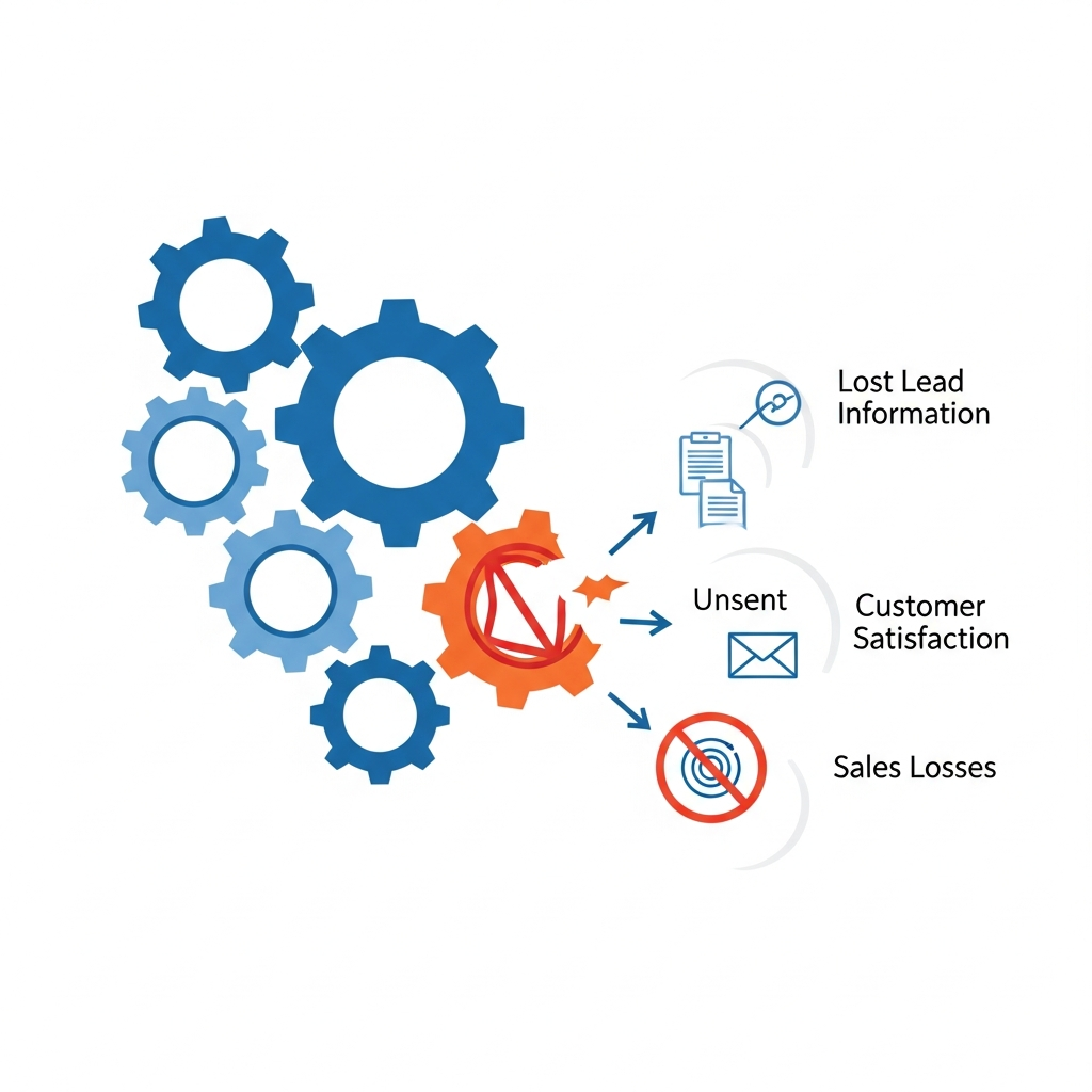 複数の歯車が連動してビジネスプロセスを動かしているイラスト。そのうちの1つが破損し、全体の動きが止ま