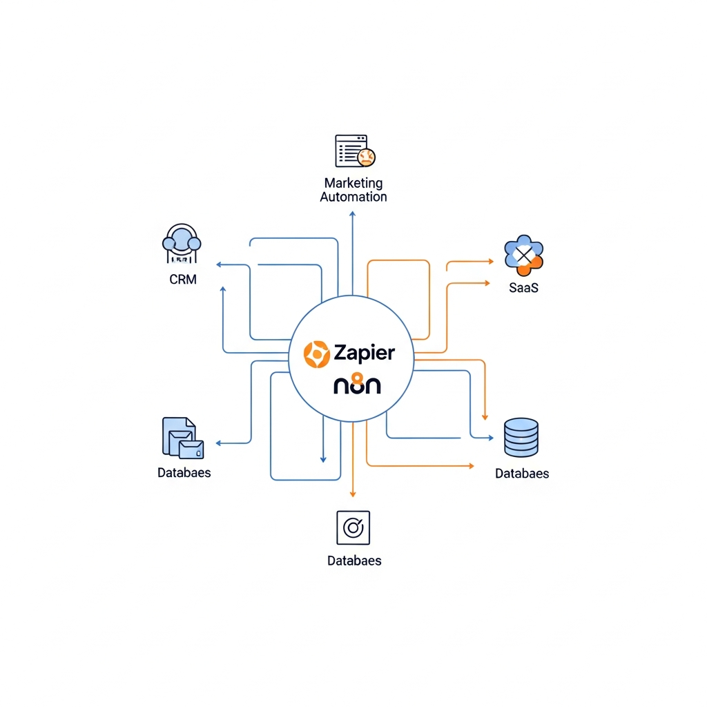 複数の外部システム(CRM、MA、SaaSアプリ、データベースなど)が複雑に連携しているワークフロー