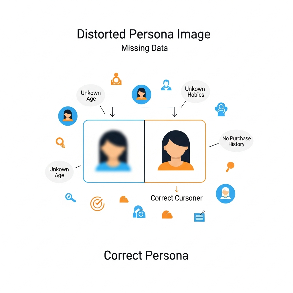 欠損データによって歪んだペルソナ像を視覚化した図。不完全なデータポイント（例：年齢不明、趣味不明、購