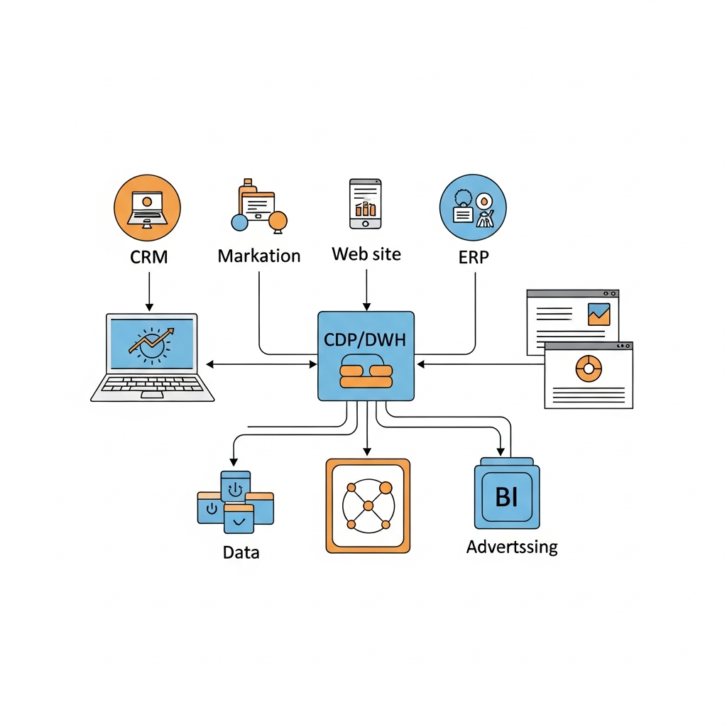 BtoB企業のデータフロー図。CRM, MA, Webサイト, ERPシステムからデータがCDP/D