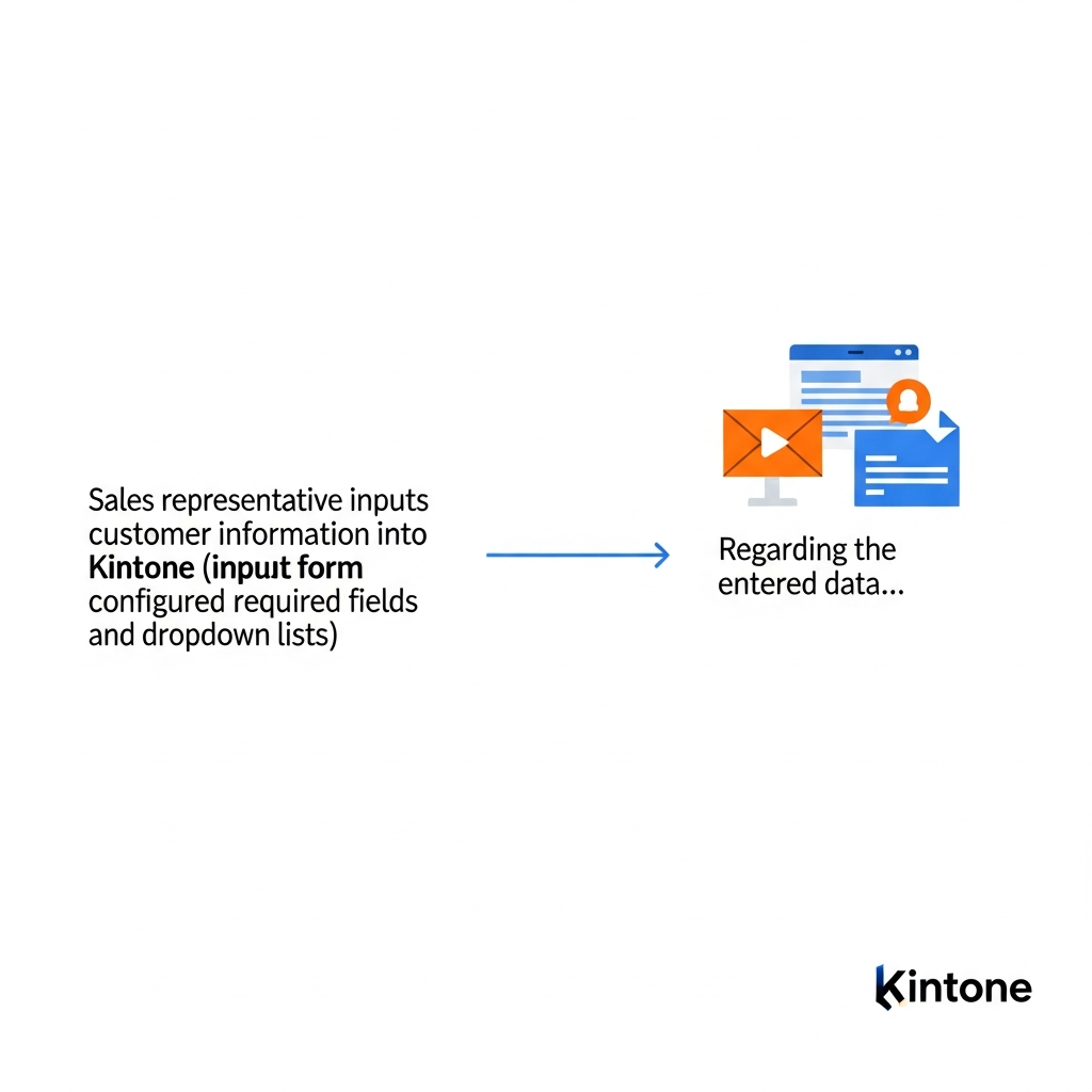 kintoneでデータ入力・管理プロセスを標準化するイメージ図。左から「営業担当者によるkinton