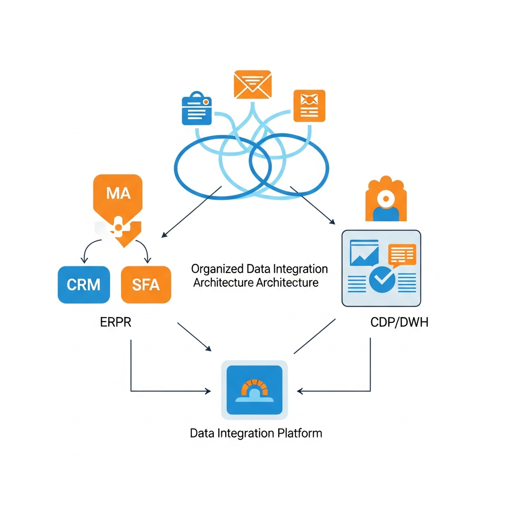 複数のシステム（CRM, MA, ERP, SFA）が相互に連携し、データフローが複雑に入り組んでい
