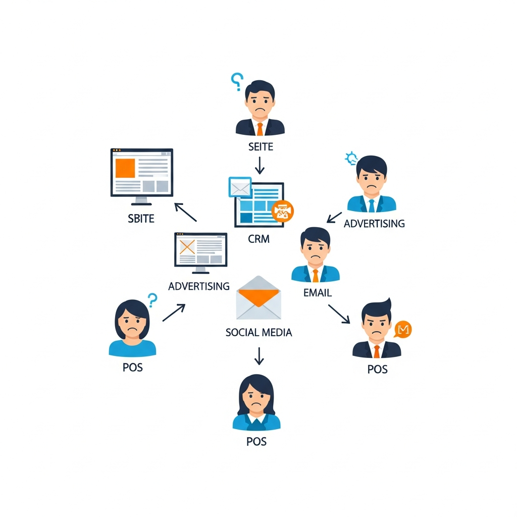 複数の異なるデータソース（Webサイト、CRM、広告、メール、SNS、POSなど）がバラバラに散らば