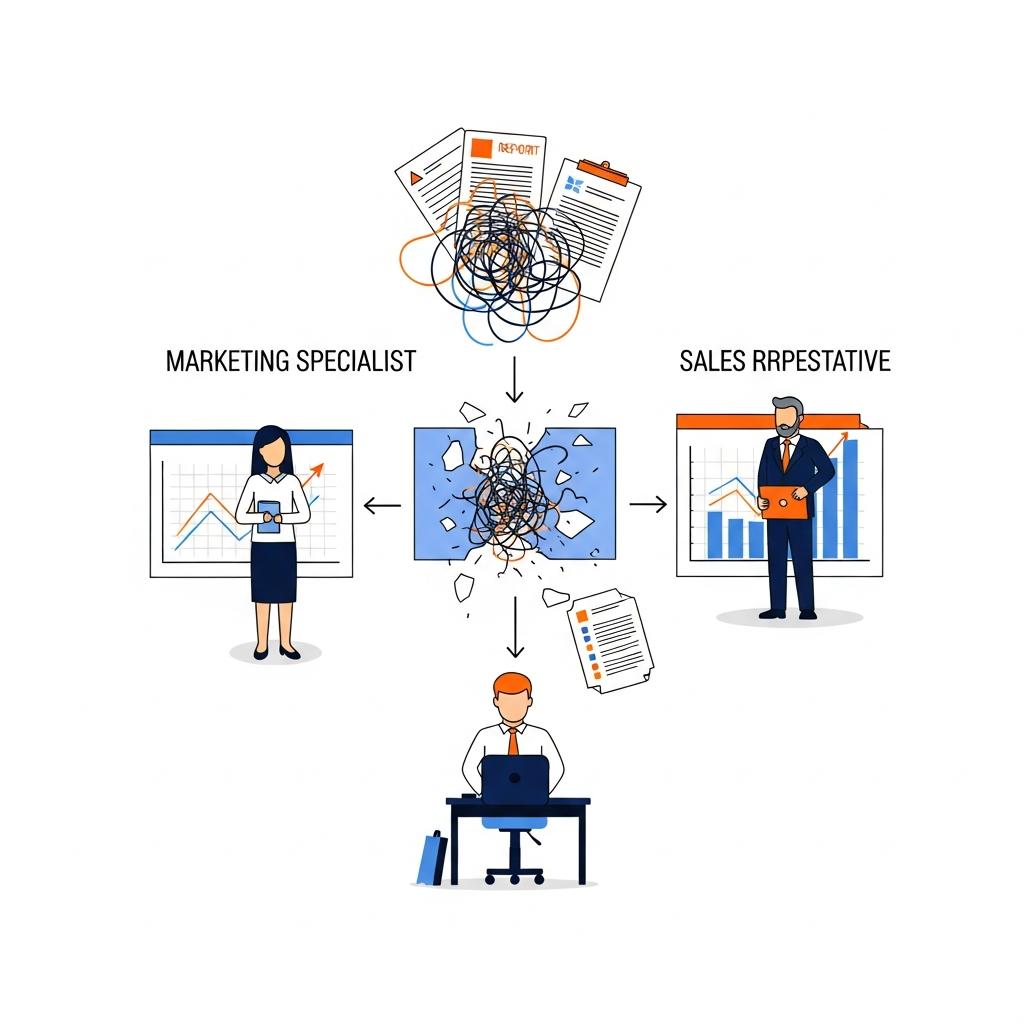 複雑に絡み合ったデータと、それによって困惑しているビジネスパーソン(マーケティング担当、営業担当、経
