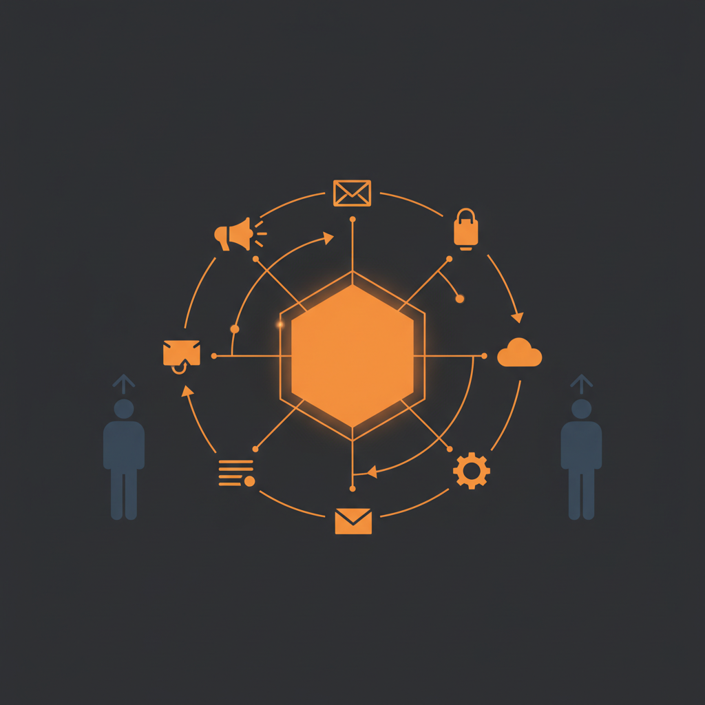 Zapier/n8nで自動化されたマーケティングワークフローの監視ダッシュボードのイメージ。中央にワ