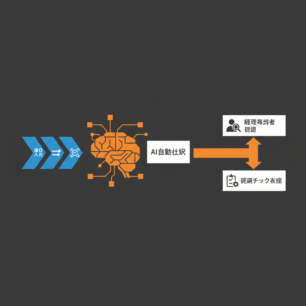 AI記帳代行における経理の確認チェック体制の業務フロー図。AIによる自動仕訳が中央にあり、左から「f