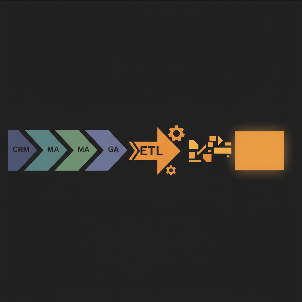 複数の異なるデータソース（CRM, MA, 広告プラットフォーム, GAなど）が、ETLツールを介し
