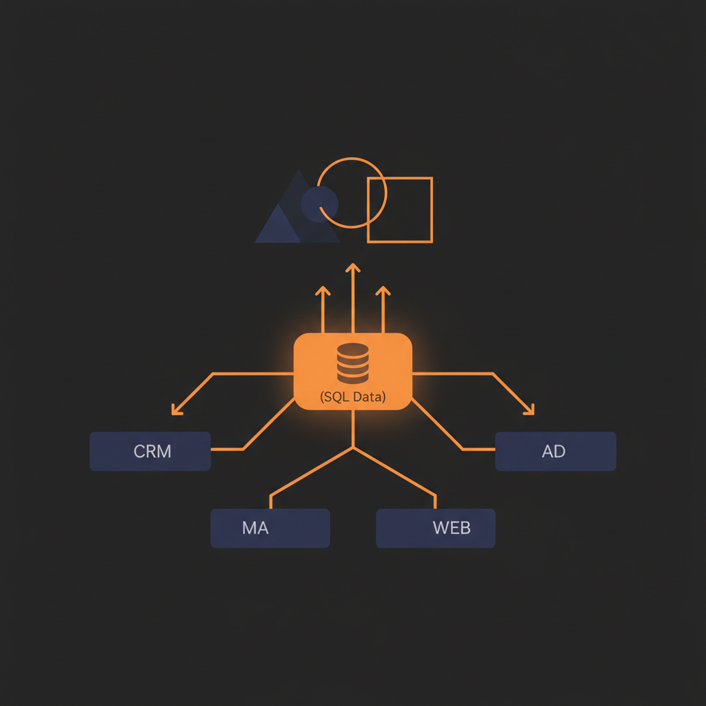 複数のデータソース（CRM、MA、広告プラットフォーム、ウェブ解析）から共通指標レイヤー（SQLデー
