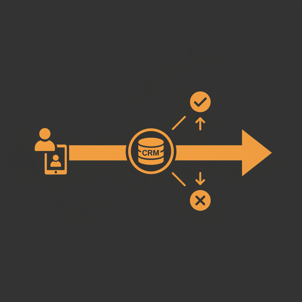 ワークフローのフローチャート。メインパスが「CRMへのリード登録」で、そこから分岐して「成功」と「失