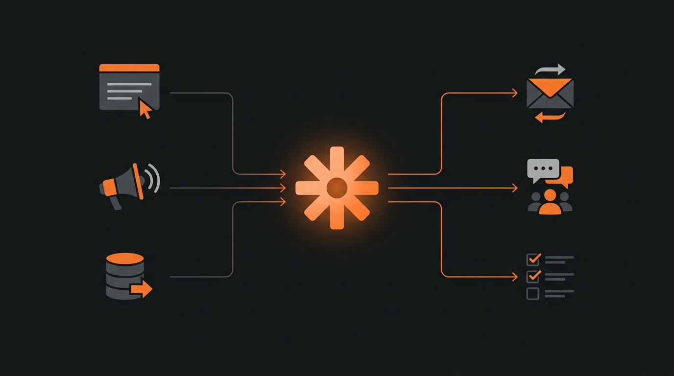 Zapier/n8nを中央に配置し、左側に「Webサイトフォーム」「広告プラットフォーム」「CRM/