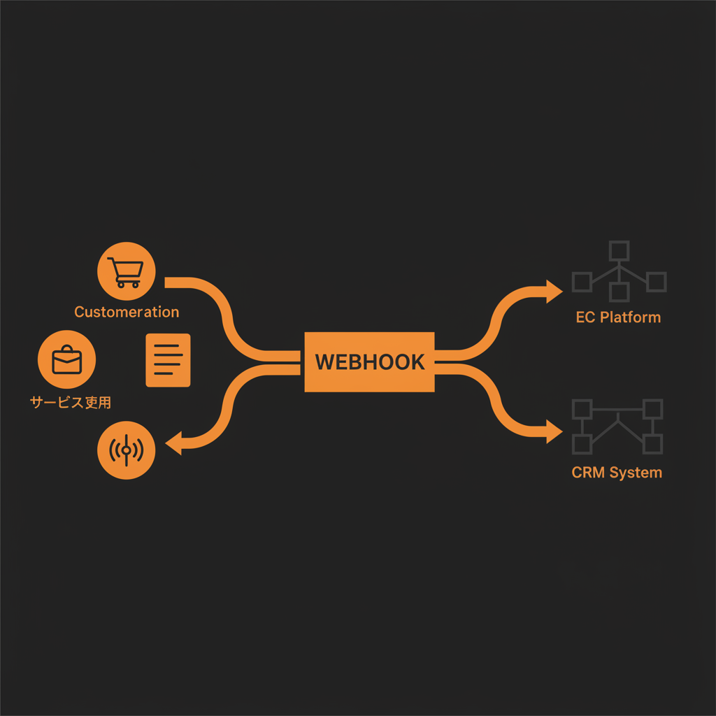 Webhookによるリアルタイムデータ連携の業務フロー図。顧客行動(EC購入、フォーム入力、サービス