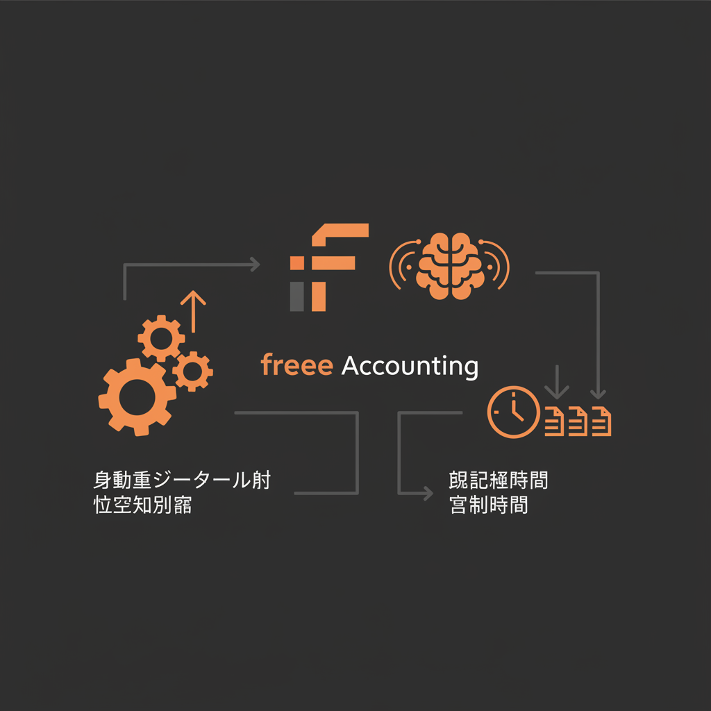 freee会計のロゴとAIのアイコンが中央に配置され、その周囲に「自動仕訳精度向上」「確認作業時間短