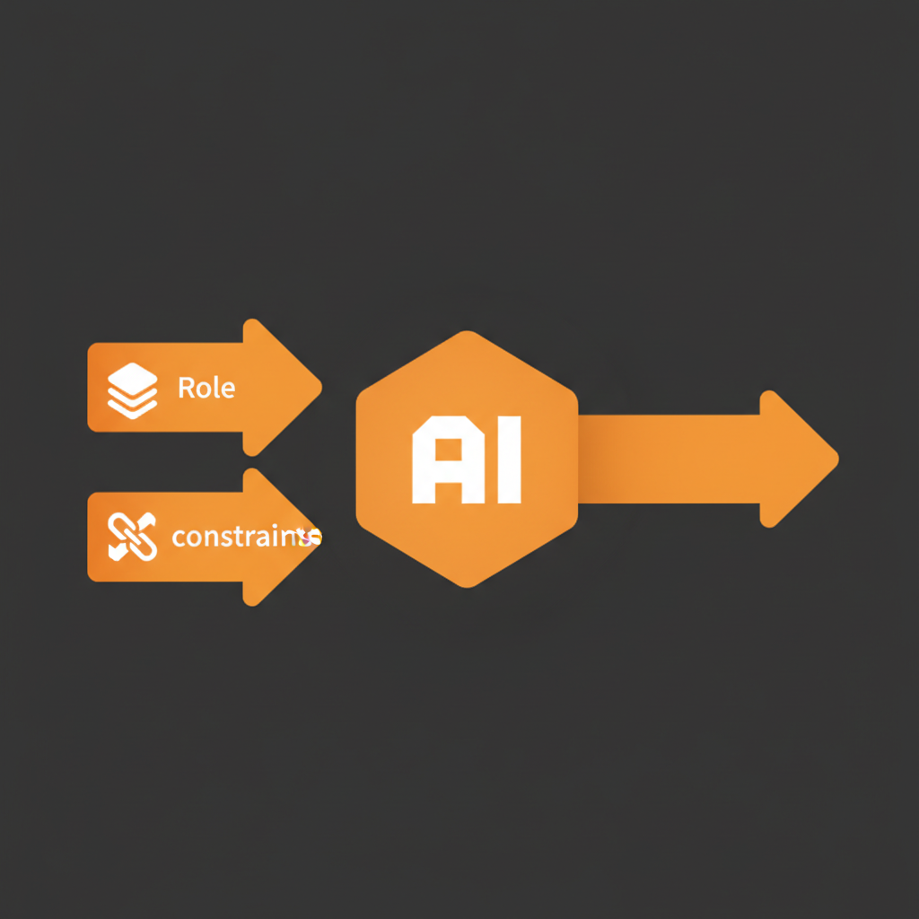役割付与と制約条件によるAIの回答精度の向上イメージ。中央に「AI」のアイコンがあり、そこに向かって