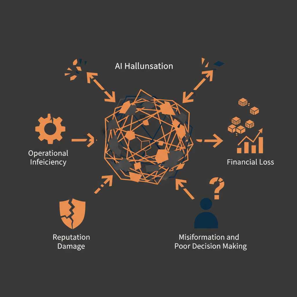 AIのハルシネーションがビジネスに与える多層的な悪影響を図解。中央に「AIのハルシネーション」とあり