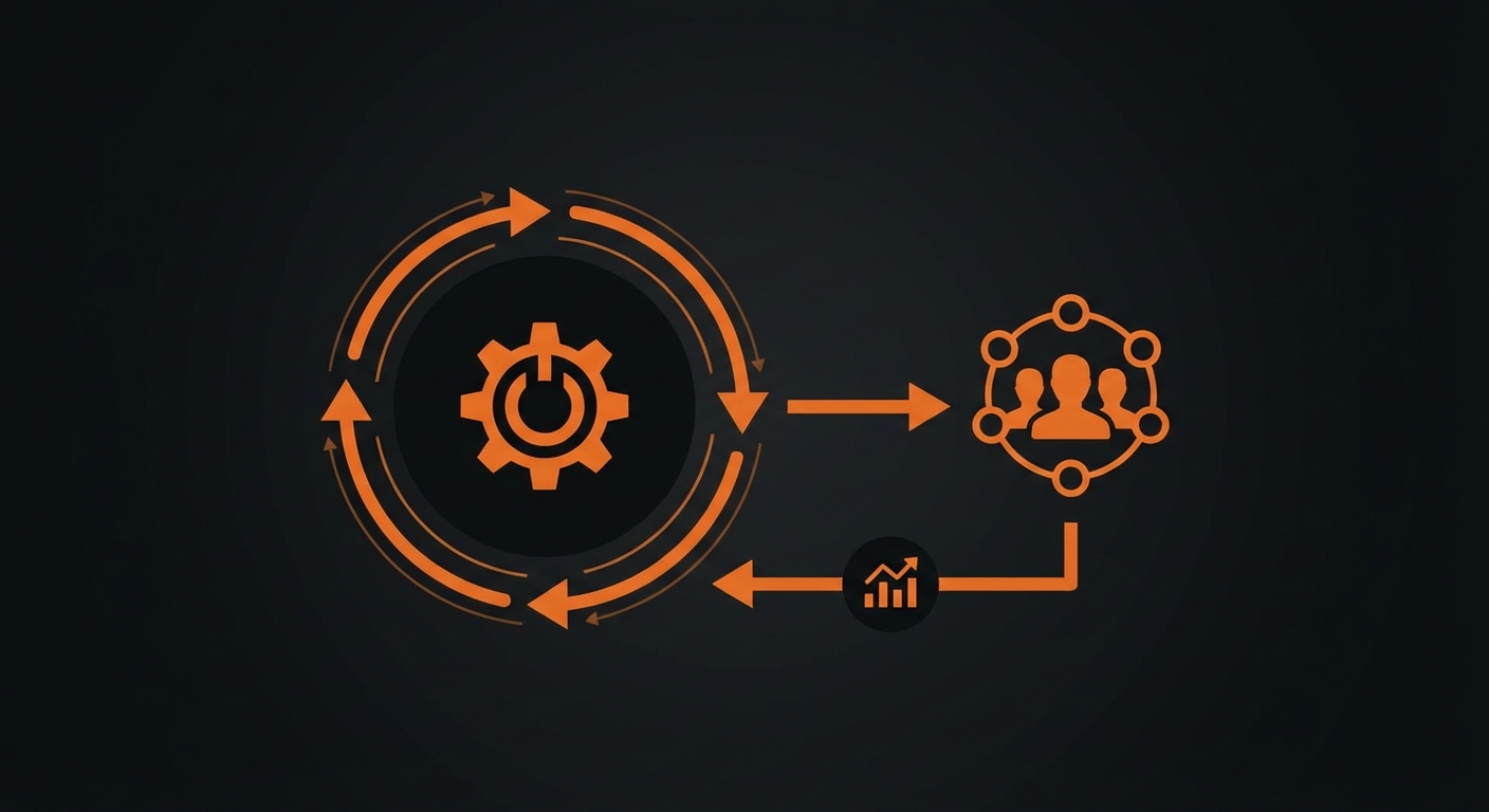 MVP開発のプロセスを図解。中央に「核となる機能」と書かれたアイコンがあり、そこから矢印が「ユーザー