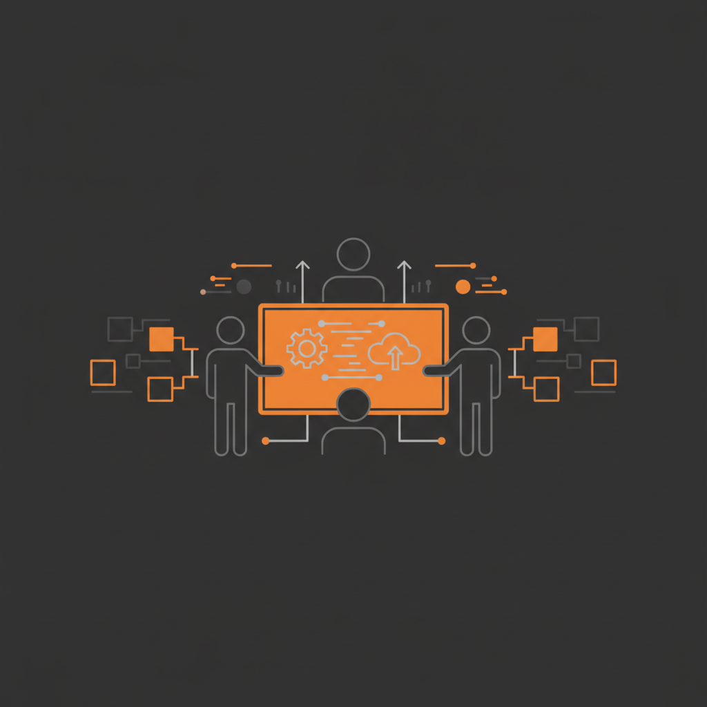 DX推進チームが業務部門とIT部門のメンバーと協力してアイデアを出し合っている様子。ホワイトボードに