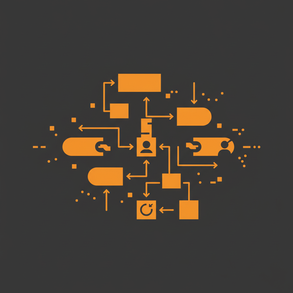 バックオフィス業務の複雑な現状フローを図解したもの。経費精算、受発注、契約管理などの業務が複数の部署