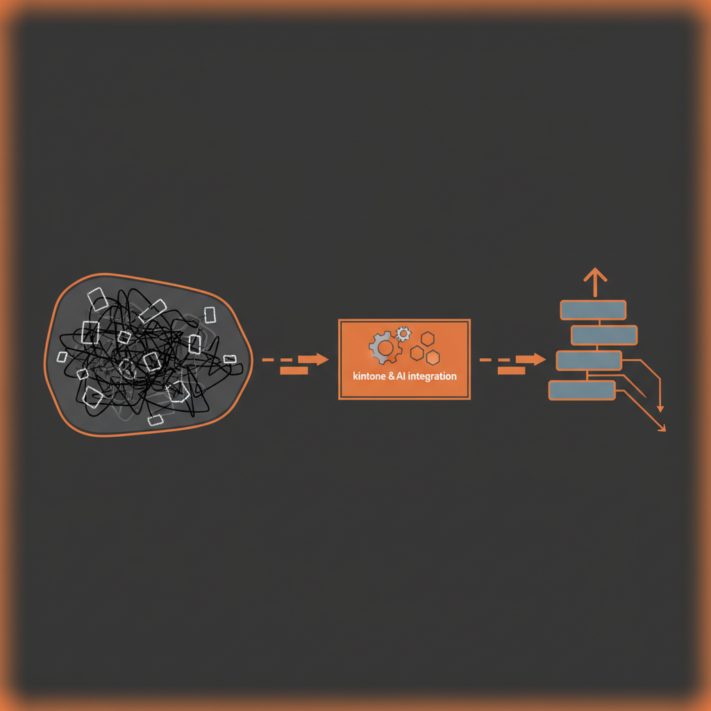 業務プロセス標準化とkintoneおよびAI連携のフロー図。左から「現状の複雑な業務プロセス（手書き