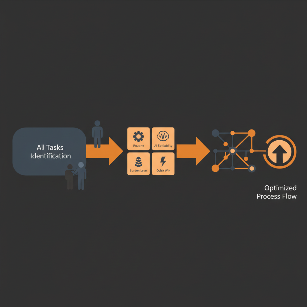 業務選定フロー図。左から右へ「全業務の洗い出し」→「選定基準（定型性、AI適合性、負担度、クイックウ