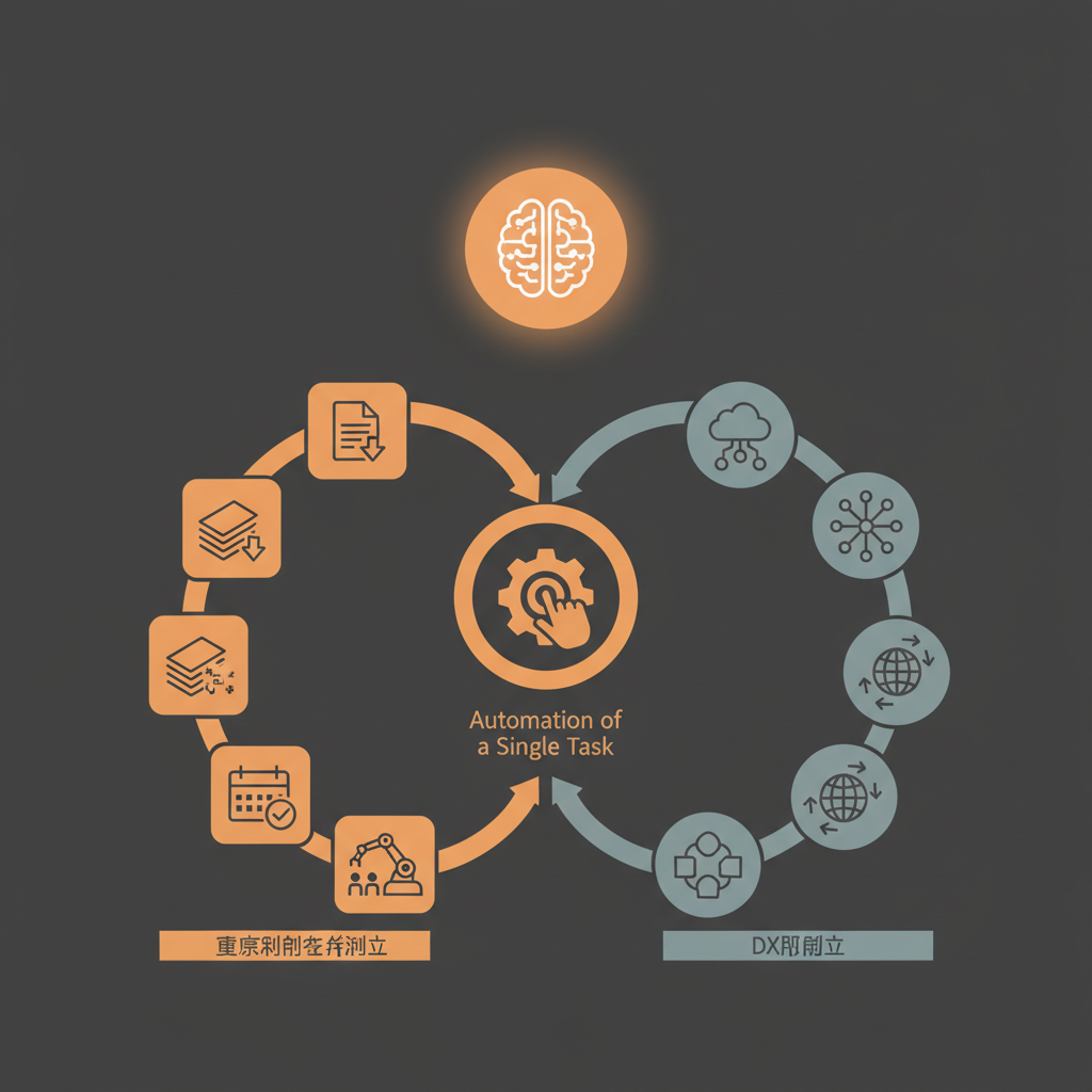 業務効率化からDX推進への段階的なAI導入ロードマップを図示。中央に「1つの作業の自動化」を置き、そ