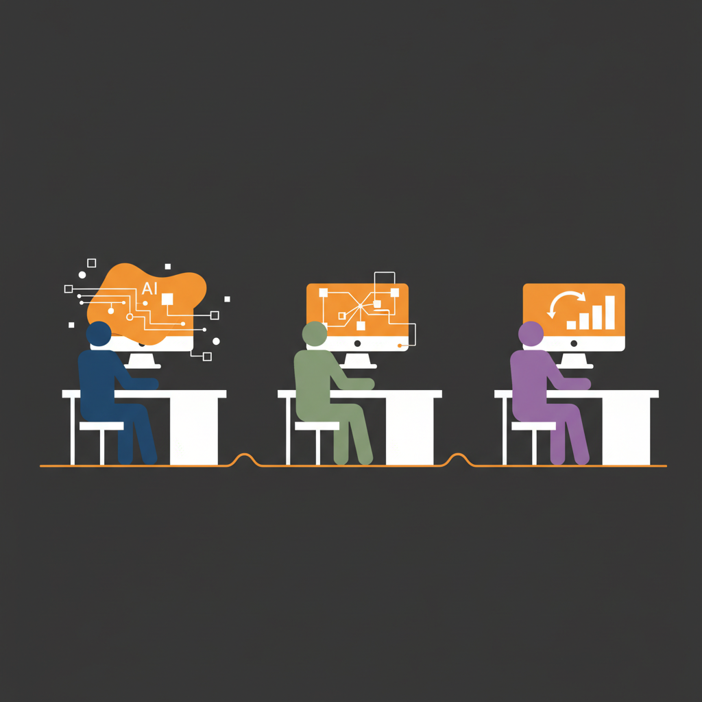 複数の部門の従業員が、それぞれのデスクでAIツールを使って定型業務を効率化している様子。画面にはグラ