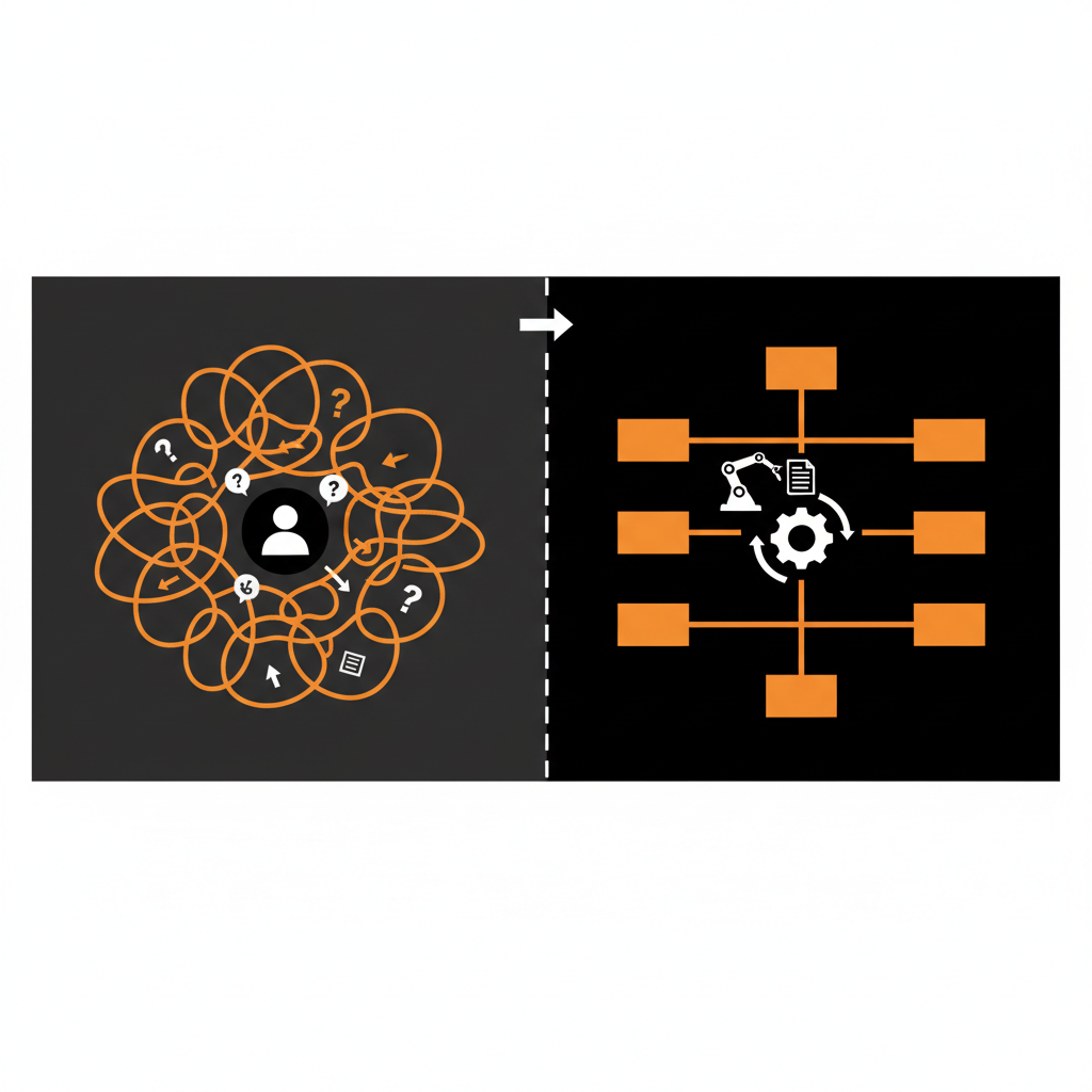 業務の属人化と自動化による標準化の比較図。左側に、複雑に絡み合った手書きの業務フローと、その中心に特