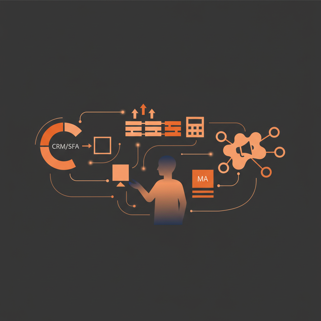 業務フローが複数のデジタルツール（CRM, SFA, 会計システム, MAツールなど）と連携し、デー