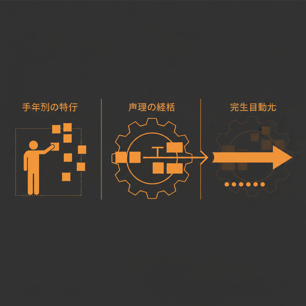 業務自動化の段階的な進展を示すインフォグラフィック。左から「手作業の特定」「手順の連結（スモールスタ