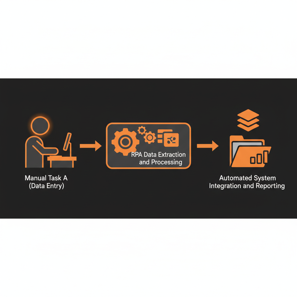RPAによる業務自動化のフロー図。左から「手動業務A（データ入力）」→「RPAがデータ抽出・加工、シ