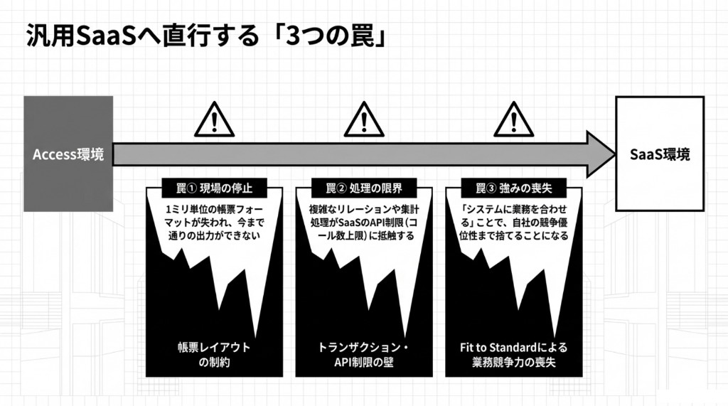 Access環境から汎用SaaSへ直行するときの3つの罠：帳票制約、トランザクションとAPI制限、Fit to Standardによる競争力喪失