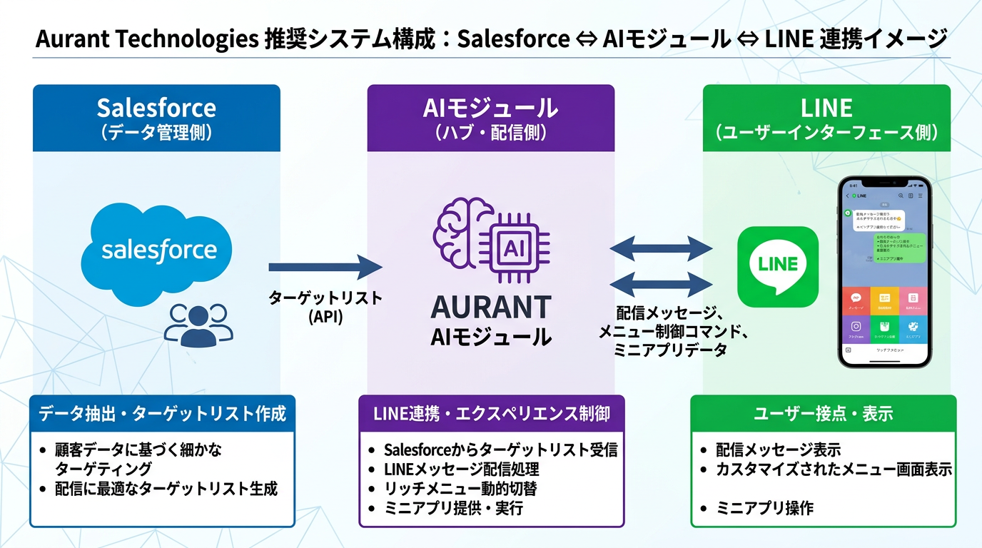 Aurant Technologies 推奨システム構成:Salesforce ⇔ AIモジュール ⇔ LINE 連携イメージ