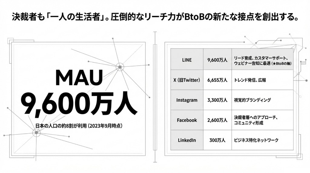 LINEの国内MAUとX・Instagram・Facebook・LinkedIn等の比較。BtoBでのリードナーチャリング・サポート活用の位置づけ(図解)